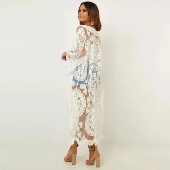 SOLD OUT Scalloped Sheer Mesh Lace Boho Kimono Coverup Wrap - Picture 5 of 7